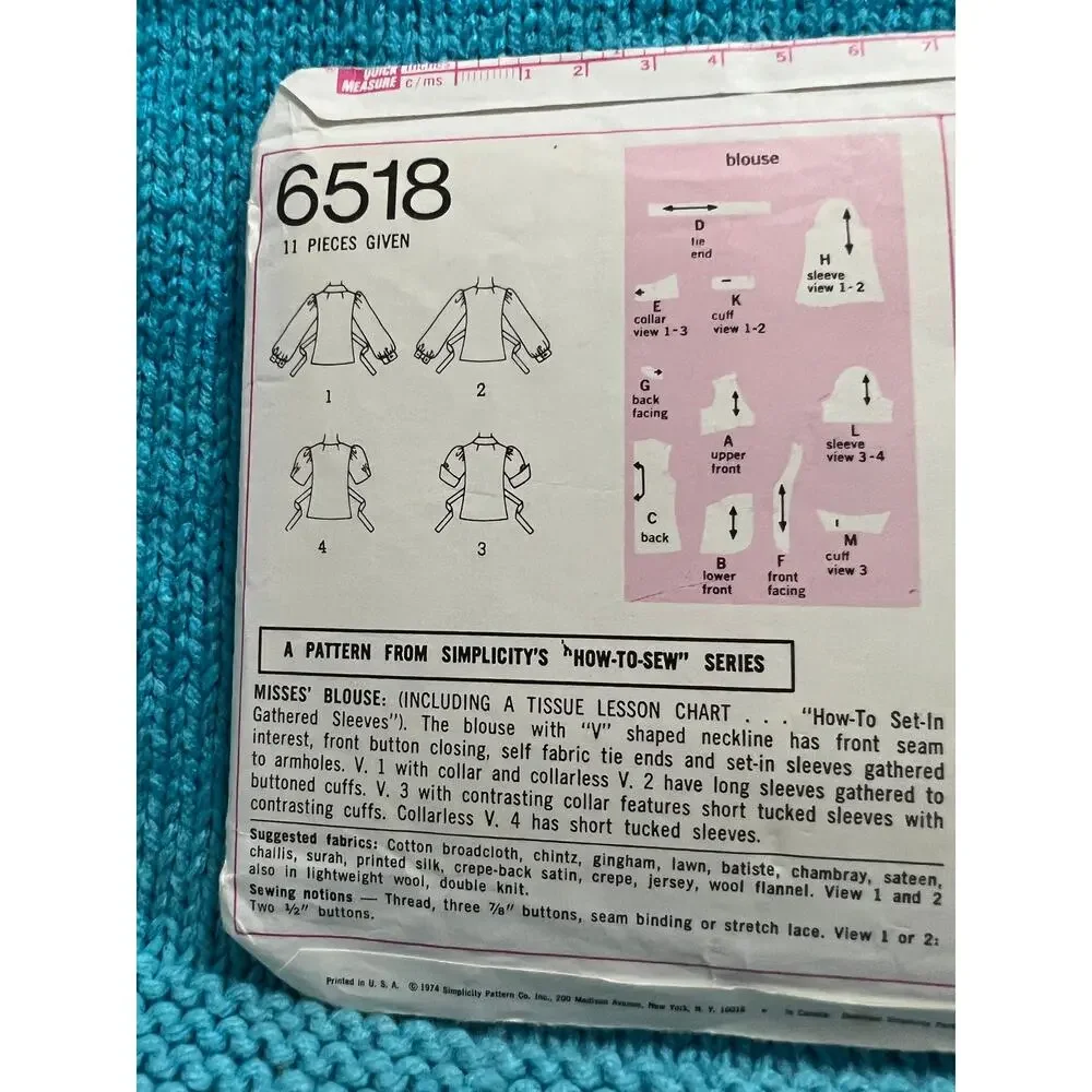 Simplicity 6518 Sewing pattern blouse button front puff sleeve size 12